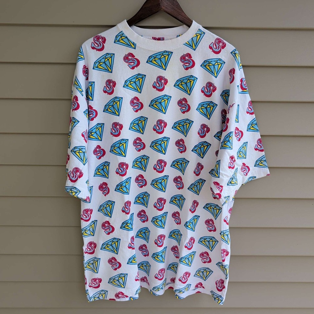 Kanji T-Shirt Mens 3XL White All Over Print Diamonds Dollar Signs 90s Vintage